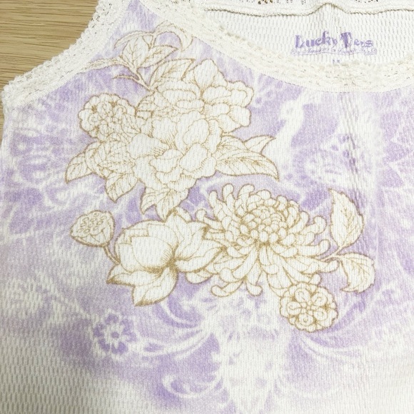 Lucky Tees Womens Cream Purple Lace Accent Dragon Lotus Flower Print Tank Size M - Picture 11 of 12